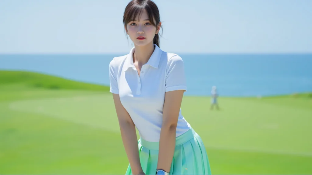 다낭의 푸른 바다가 보이는 해변 골프장에서 흰색 폴로 셔츠와 민트 스커트를 입은 여성 골퍼의 아름다운 라운딩. 다낭픽, DanangPick.