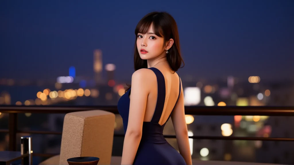 다낭의 멋진 야경을 배경으로, 우아한 백리스 드레스를 입은 매력적인 여성이 뒤돌아보고 있습니다. 특별한 다낭 밤, DanangPick에서 만나보세요!
