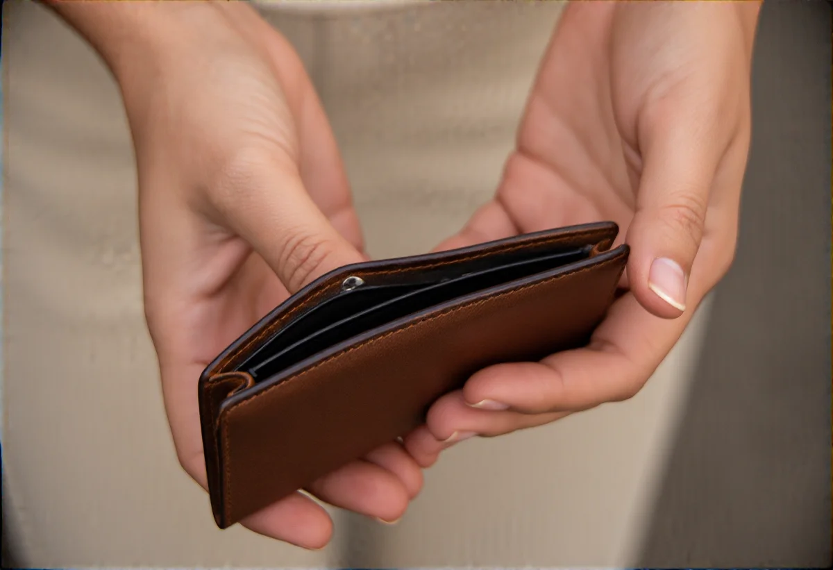 갈색 가죽 반지갑을 두 손으로 펼쳐 든 모습, hands holding an open brown leather bifold wallet, 자연광