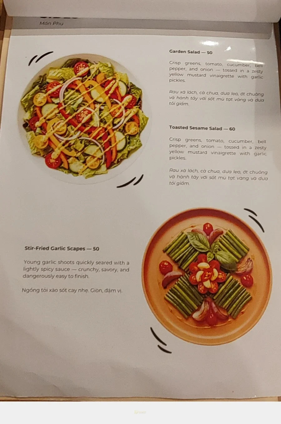 샐러드와 채소 메뉴가 실린 Wanderbite 메뉴판